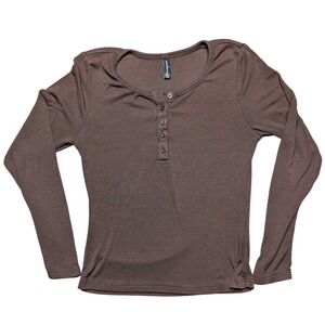 Pretty Garden Small Brown Stretchy Long Sleeve Henley Tee Shirt